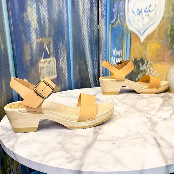 No.6 Two Strap Clog Mid Heel Leather Sandals Desert Nude 41 GUC - Picture 4 of 10